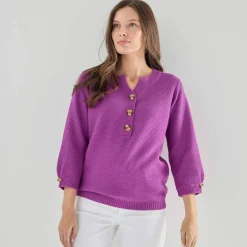 Pull col tunisien manches 3/4, maille fantaisie