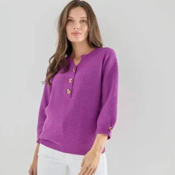 Pull col tunisien manches 3/4, maille fantaisie
