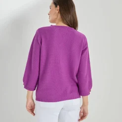 Pull col tunisien manches 3/4, maille fantaisie