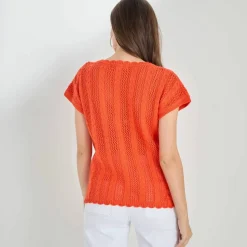 Pull col V manches courtes, maille ajourée