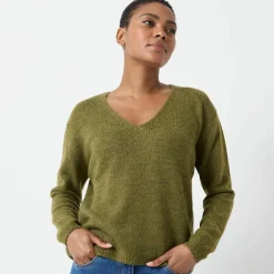 Pull col V manches longues, laine et mohair mélangés