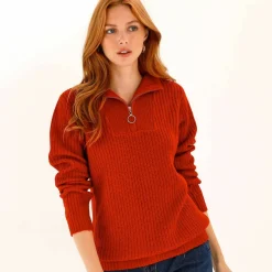 Pull col zippé, maille anglaise