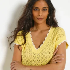 Pull en crochet festonné col V, manches courtes