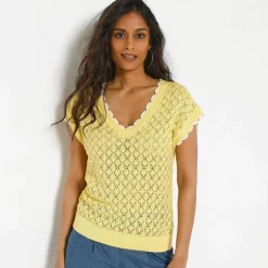 Pull en crochet festonné col V, manches courtes