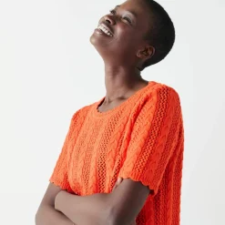 Pull festonné col rond manches coudes, maille ajourée fantaisie