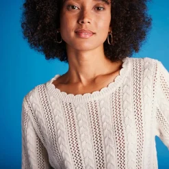 Pull festonné col rond manches coudes, maille ajourée fantaisie