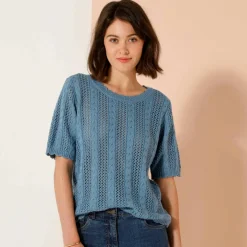 Pull festonné col rond manches coudes, maille ajourée fantaisie