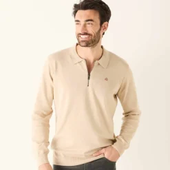 Pull fin col polo zippé broderie poitrine