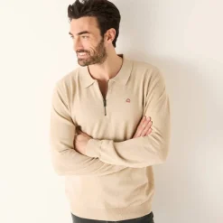 Pull fin col polo zippé broderie poitrine