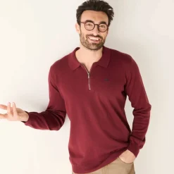 Pull fin col polo zippé broderie poitrine