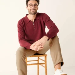 Pull fin col polo zippé broderie poitrine
