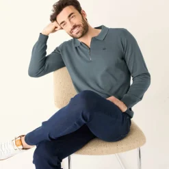 Pull fin col polo zippé broderie poitrine