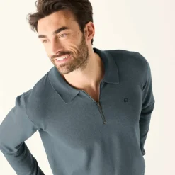 Pull fin col polo zippé broderie poitrine