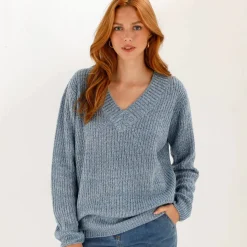 Pull loose col V, maille anglaise