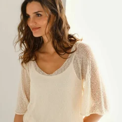 Pull loose manches coude, maille fantaisie