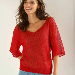 Pull loose manches coude, maille fantaisie
