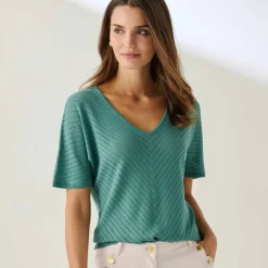 Pull manches courtes maille ajourée effet chevron