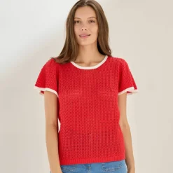 Pull manches courtes, maille fantaisie