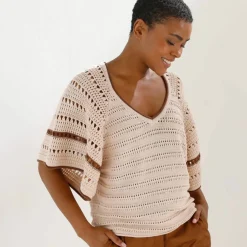 Pull manches courtes papillons, maille fantaisie
