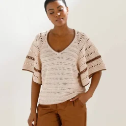 Pull manches courtes papillons, maille fantaisie