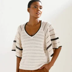 Pull manches courtes papillons, maille fantaisie