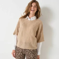 Pull poncho manches coudes, maille anglaise et torsades