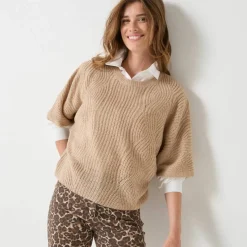 Pull poncho manches coudes, maille anglaise et torsades
