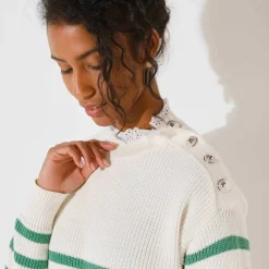 Pull rayé, col broderie anglaise