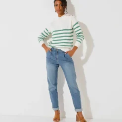 Pull rayé, col broderie anglaise