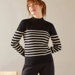 Pull rayé col montant, maille côtelée