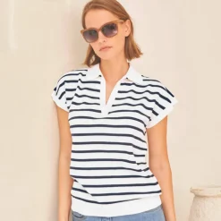 Pull rayé col polo, coton mélangé