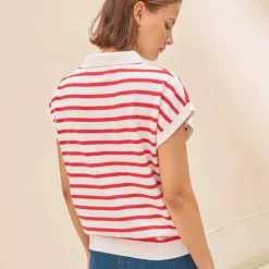 Pull rayé col polo, coton mélangé