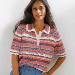 Pull rayé col polo, manches courtes