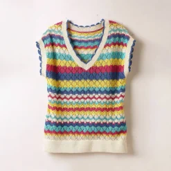Pull rayé en crochet festonné col V, manches courtes