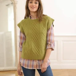 Pull torsadé sans manches, épaules tombantes