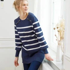 Pull tunique boutons fantaisie, rayé