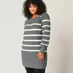 Pull tunique boutons fantaisie, rayé