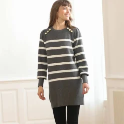 Pull tunique boutons fantaisie, rayé