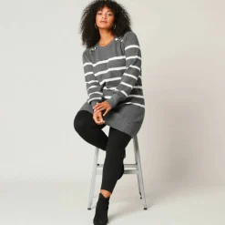 Pull tunique boutons fantaisie, rayé
