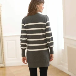 Pull tunique boutons fantaisie, rayé