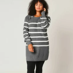 Pull tunique boutons fantaisie, rayé