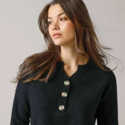 Pull tunique col tunisien, maille fantaisie