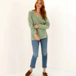 Pull tunique col V, maille anglaise