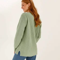 Pull tunique col V, maille anglaise