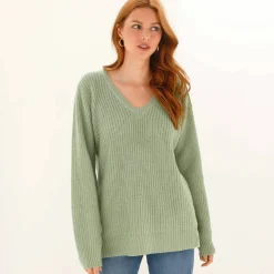 Pull tunique col V, maille anglaise