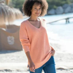 Pull tunique col V, maille anglaise
