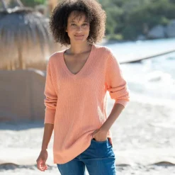 Pull tunique col V, maille anglaise