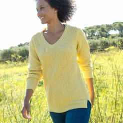 Pull tunique col V, maille anglaise