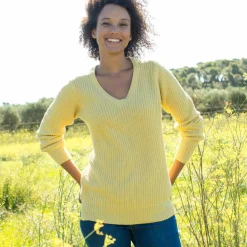 Pull tunique col V, maille anglaise