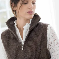 Pull tunique en côte sans manches, col montant zippé